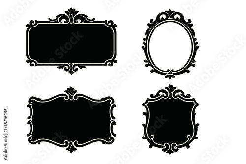 Set of vintage silhouette frames. Ornate decorative baroque vector borders. Classic retro labels and tags collection. Elegant antique ornamental graphic design elements.