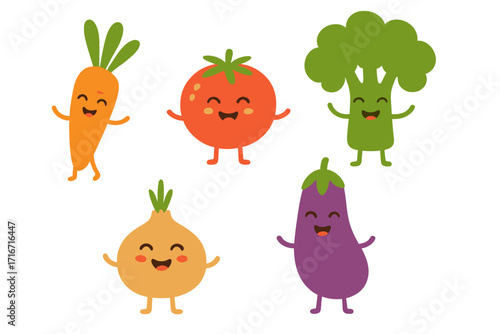 Set of funny cute vegetable characters with smiling faces, laughing veggie mascots isolated on white background, playful cartoon vegetables emoticons with vitamins and happiness vector collection