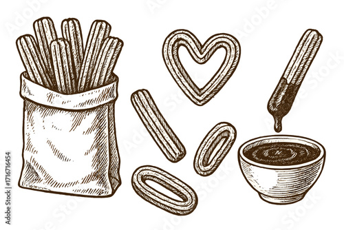 Vintage hand-drawn Mexican churros set with chocolate sauce bowl, assorted shapes including sticks, loops, and heart-shaped churros, traditional sweet snack vector illustration