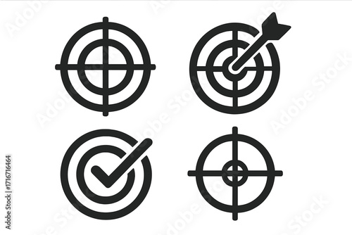 Target icon set for business goals and success. Vector collection with bullseye, arrow, checkmark for achievement, and crosshair for precision, focus, and accuracy.