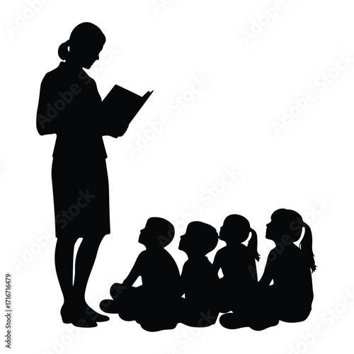 Teacher reading to seated children silhouette book