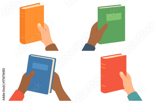 Set of diverse hands holding colorful books, education concept, school reading and learning theme, vector cartoon illustration with transparent background for study and literacy promotion