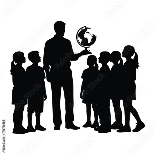 Teacher showing globe to attentive children education