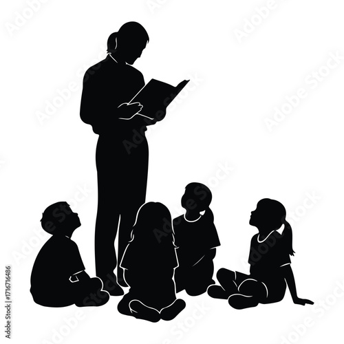 Teacher reading to children silhouette book