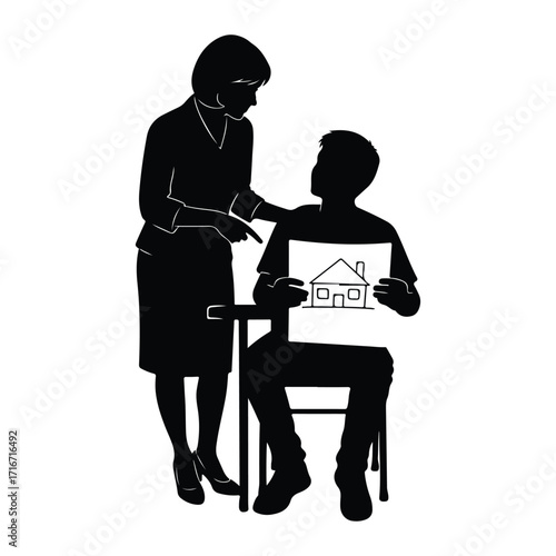 Teacher showing house drawing to student silhouette