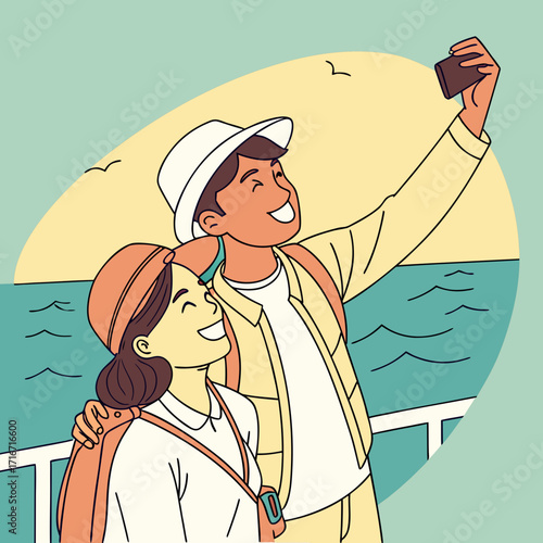 Young couple taking selfie with the sea in the background.