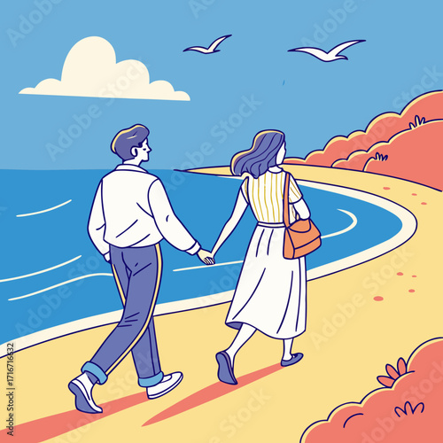 Couple walking hand in hand on the beach.