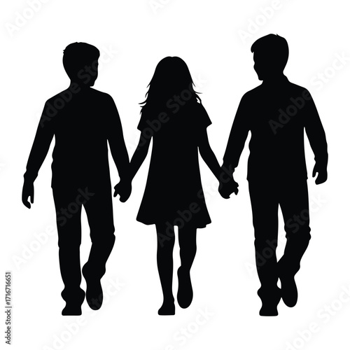 Three children holding hands walking silhouette friendship