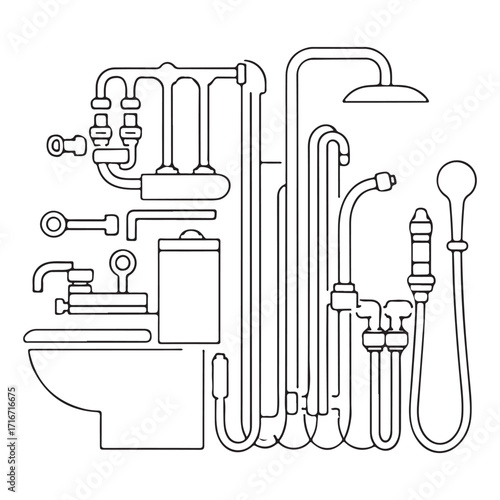 Plumbing Pipes and Bathroom Fixtures Silhouette Vector, Water System, Sink, Shower, and Tub Icons