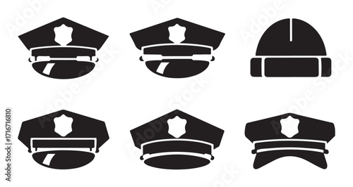 Police Cap and Hat Silhouette Vector Collection, Law Enforcement, Security, and Officer Headgear Icons