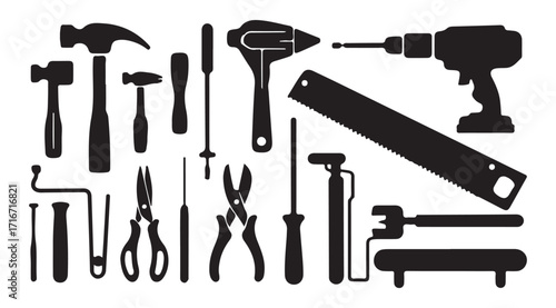 Construction Tools Silhouette Vector Collection, Hammer, Wrench, Drill, Saw, and Industrial Equipment