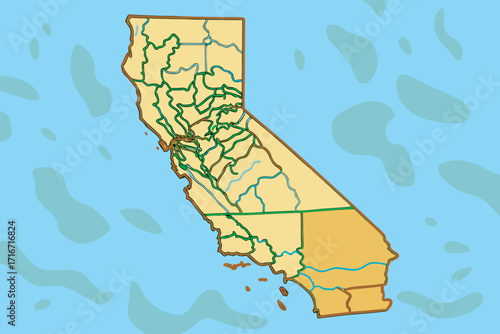 California Map with Trails and Waterways on Blue map of Background state outline