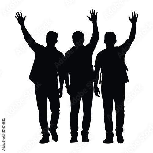 Three men waving hands silhouette three people