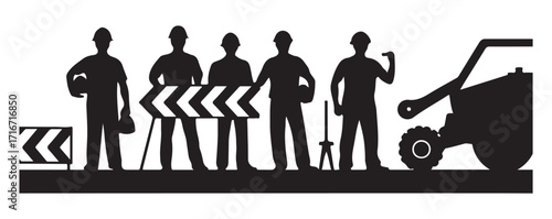 Construction Workers Silhouette Vector, Road Work, Builder Team, Heavy Equipment, and Industrial Icons