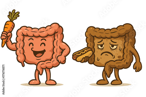 Strong healthy happy intestine character holding carrot contrasted with unhealthy sad gut holding hotdog, digestive tract health concept, nutrition illustration, vector retro style