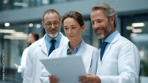 doctors in discussion near glass wall in recovery ward showing transparency in medical teamwork modern setting three quarter wide angle cinematic color correction gentle