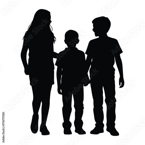 Three children standing together silhouette siblings
