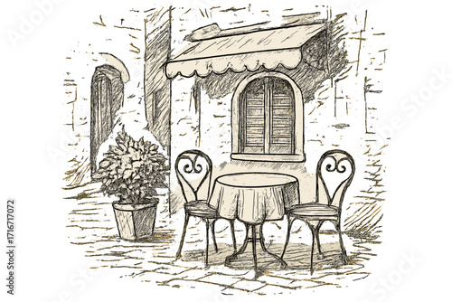 Hand-drawn street cafe in old town, vintage outdoor bistro scene with table, two chairs, potted plant, window with awning, rustic architecture sketch for menu and restaurant design