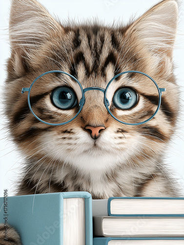 A cute kitten illustration with blue-rimmed glasses holding a stack of watercolor-style books. isolate on white background
