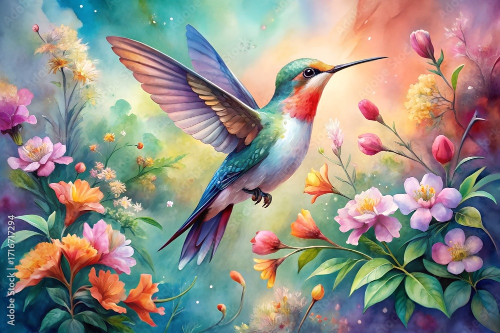 Obraz premium A vibrant watercolor painting capturing the delicate beauty of a hummingbird in flight, surrounded by a colorful array of flowers and foliage, creating a serene and enchanting scene
