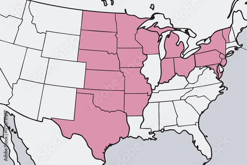 US map with pink highlighted Midwest and Southern states United States map of
