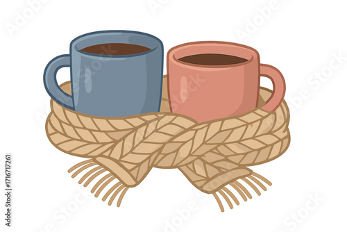 Cozy composition of two warm mugs wrapped in knitted scarf, blue and pink cups with coffee or tea, autumn winter warmth, comfort, cozy home atmosphere, tea party concept