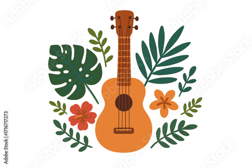 Tropical ukulele with vibrant green leaves and colorful flowers, wooden acoustic guitar illustration for musical instruments store poster, rock band performance banner, flat hand-drawn vector design