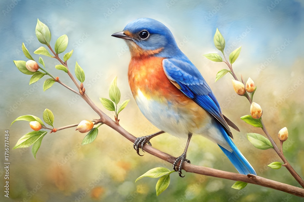 Obraz premium A charming watercolor painting of an eastern bluebird perched gracefully on a budding branch, capturing the essence of spring with delicate brushstrokes and soft hues