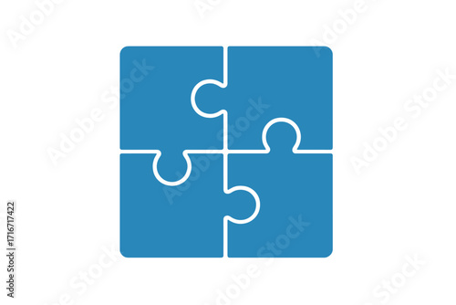 Corporate blue puzzle icon with four connected pieces, vector illustration symbolizing game concepts, toys, business strategies, teamwork, startup solutions, and collaboration