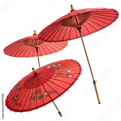 Three Red Japanese Paper Umbrellas with Floral Designs