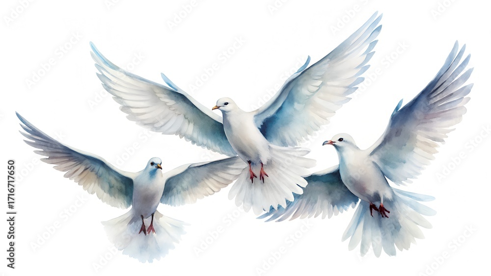 Fototapeta premium Three white doves in flight, symbolizing peace, love, and spirituality, isolated on white background graceful birds with outstretched wings against a clean backdrop
