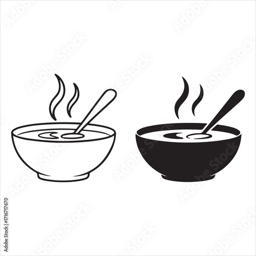 Vector illustrations of various hot beverages and soup in mugs, cups, and bowls