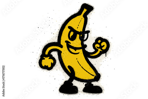 Urban graffiti banana character spray paint art with cartoon style, yellow banana with black outline, textured spray effect, funny fruit illustration, street art vector