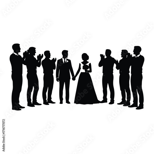 Wedding couple holding hands surrounded by clapping guests
