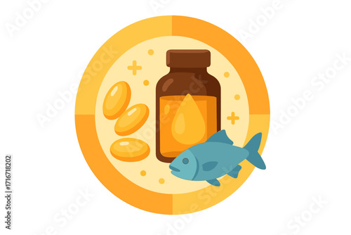Vitamin intake concept with fish oil supplement, omega-3 capsules, live fish and medicine bottle, healthcare and nutrition, diet supply, healthy lifestyle illustration