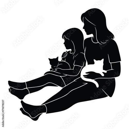Woman and child with cats girl kittens
