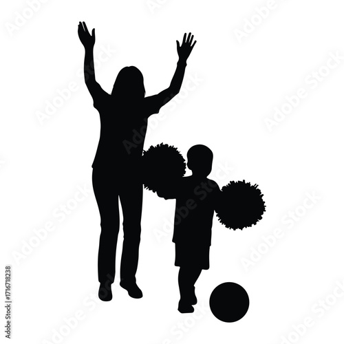 Woman and child with pom poms and ball silhouette