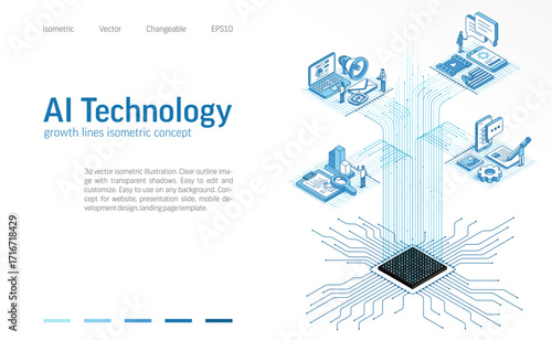 AI technology isometric line icon illustration. Digital data analysis, people teamwork with artificial intelligence. Content creation, system process, innovation 3d vector design background.