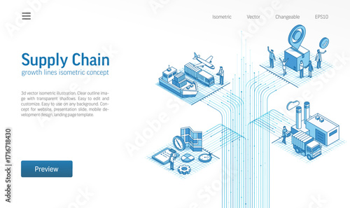 Global import export isometric line icon illustration. Warehouse, cargo transport, factory and delivery system 3d vector design concept. Logistic distribution supply chain business background.