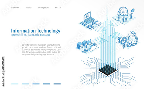 Information technology isometric line icon illustration. Data server room, cloud system, engineers teamwork, app development, global communication, internet network 3d vector design background.
