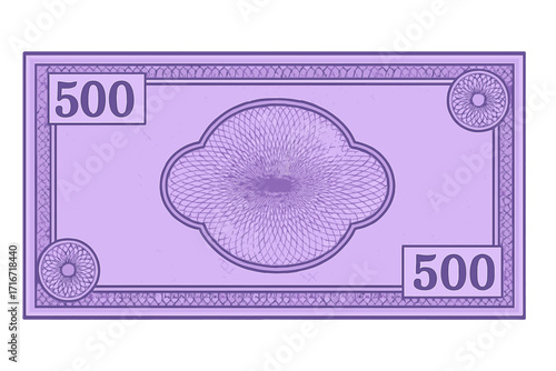 Purple banknote voucher template with intricate guilloche patterns, watermarks, decorative border, and 500 denomination for currency, gift voucher, coupon, diploma, money design