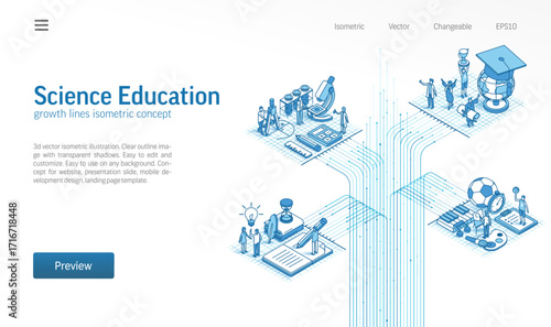 University education isometric line icon illustration. Student study, science, school art, sport, graduation hat and diploma 3d vector design concept. Knowledge growth, teamwork and success background