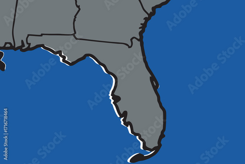 Florida map outline with dark gray fill and blue water map of background vector illustration