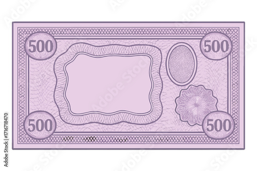 Purple 500 denomination voucher template with intricate guilloche patterns, watermark effects, decorative border design, banknote style currency, gift voucher, coupon, diploma background