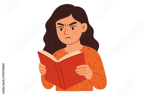 Thoughtful woman reading serious book, focused girl with intense expression holding red book, education concept, concentrated student, learning and knowledge, vector flat illustration
