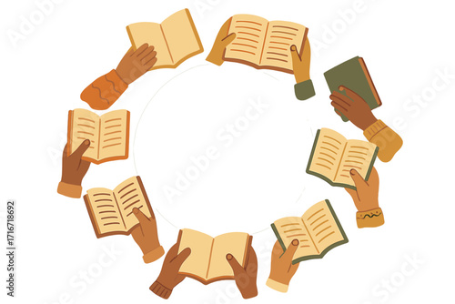 World Book Day square banner with diverse hands holding open books in circle frame on beige background, reading people concept, hand-drawn style illustration, education and literacy promotion