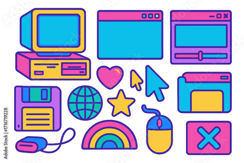 Vivid colorful 80s retro computer aesthetics elements set with vintage PC, user interface, operating system windows, icons, mouse, floppy disk, and Y2K style vector sticker pack