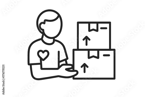 Volunteering and donation icon. Person with heart holding boxes. Concept of charity, giving, support, and humanitarian aid. Community service and social assistance symbol.