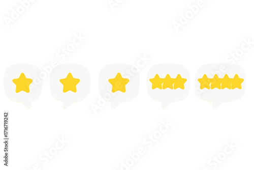 Online feedback and customer review concept. 3D yellow stars in white speech bubbles. Set of rating icons from one to five for quality survey, satisfaction level, and ranking.