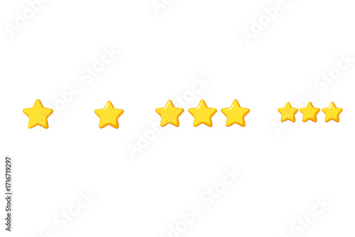 Star rating feedback system 3D render. Customer review with golden stars in speech bubble. Online survey evaluation from one to five. Quality service satisfaction concept.